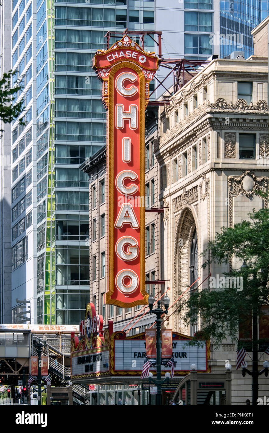 Chicago Theatre neon sign, North State Street, Downtown Chicago, IL. Stock Photo