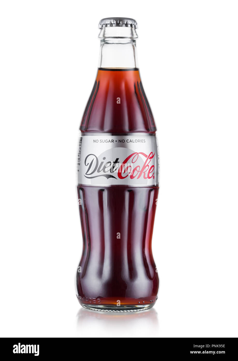 LONDON, UK - AUGUST 10, 2018: Bottle of Diet Coke Coca Cola soft drink on white. Stock Photo