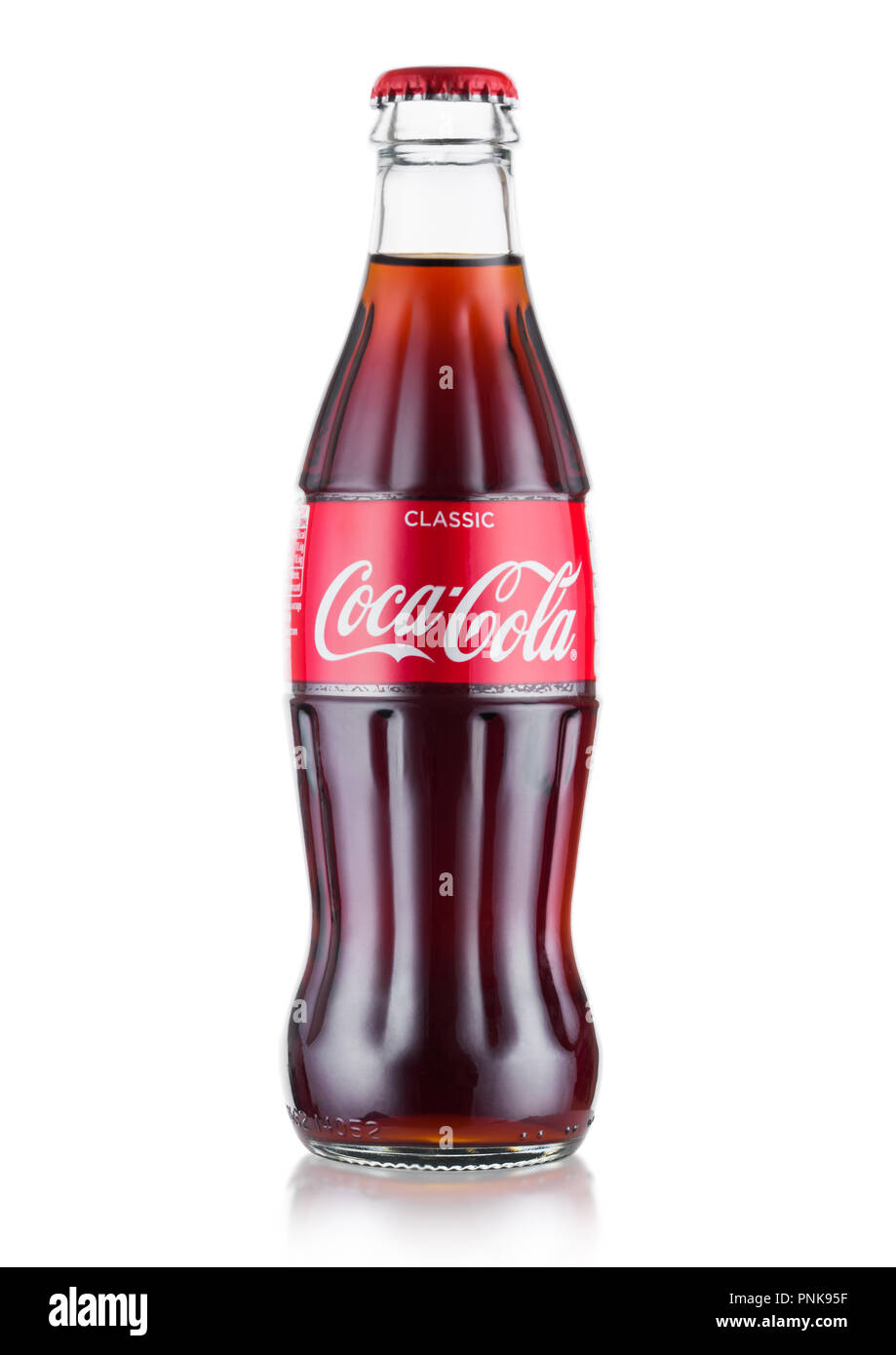 LONDON, UK - AUGUST 10, 2018: Bottle of Original Coca Cola soft drink on white. Stock Photo