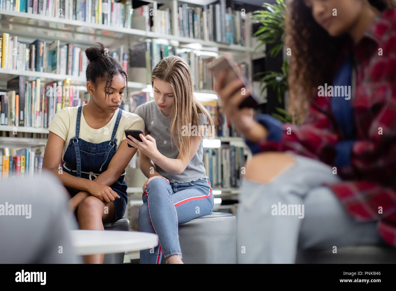 High school students looking at smartphone in a library Stock Photo