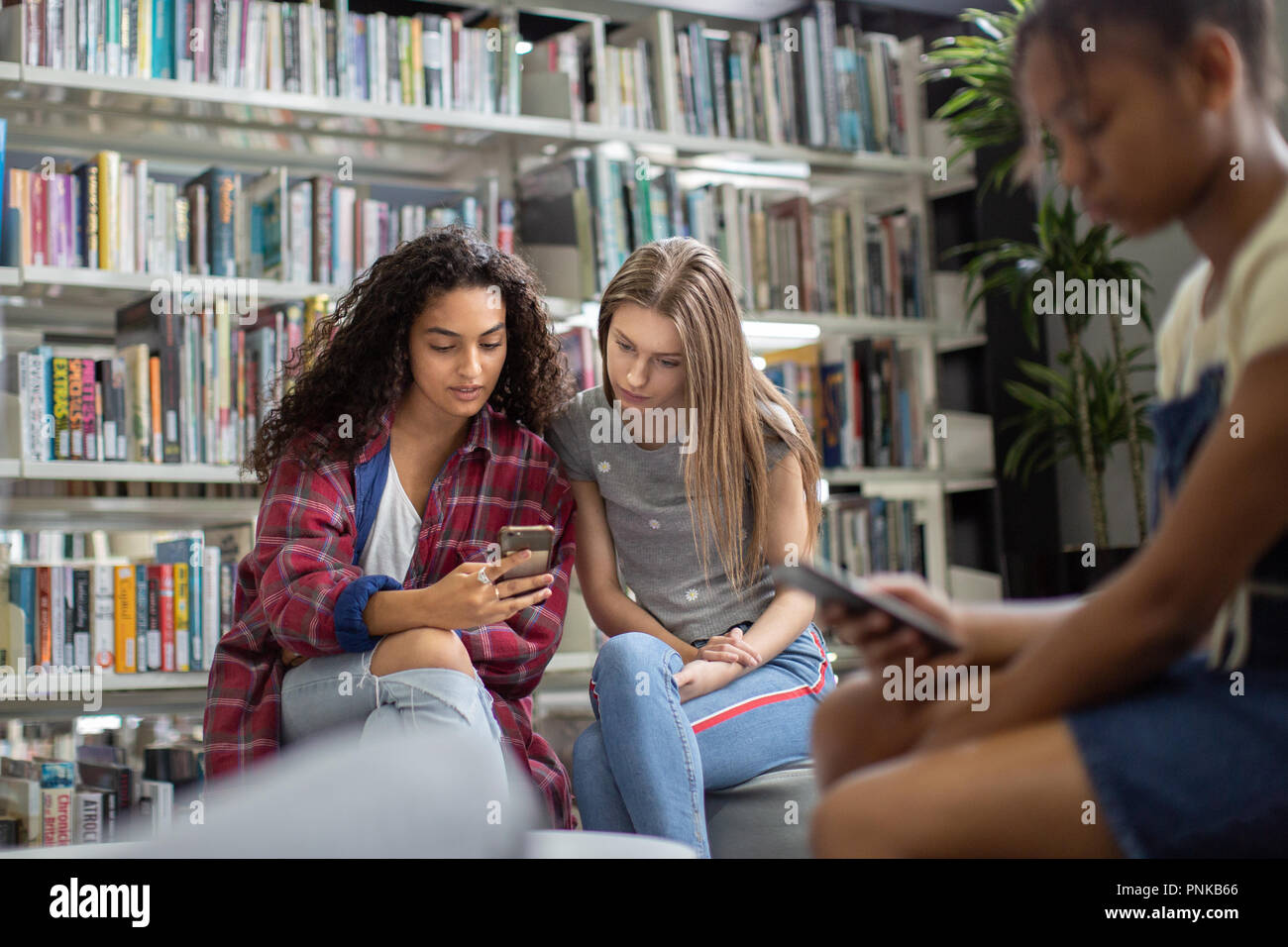 High school students looking at smartphone in a library Stock Photo