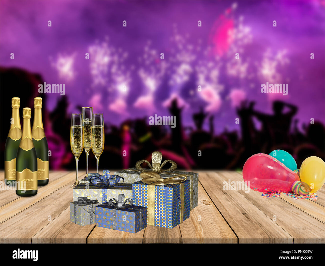 Happy new years party table with champagne presents and balloons with ...