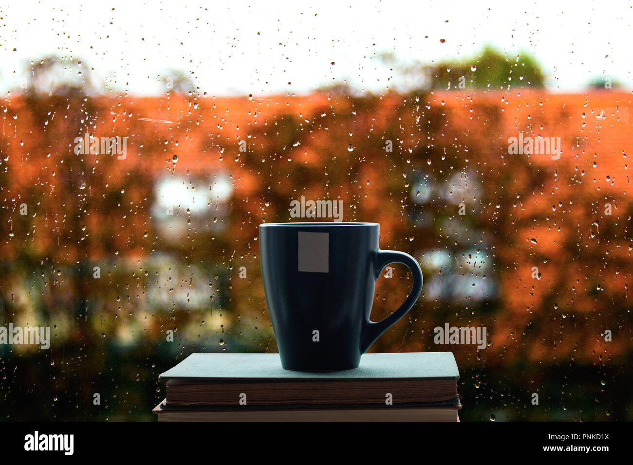 Books and coffee on window, rain drops on glass in background Stock Photo