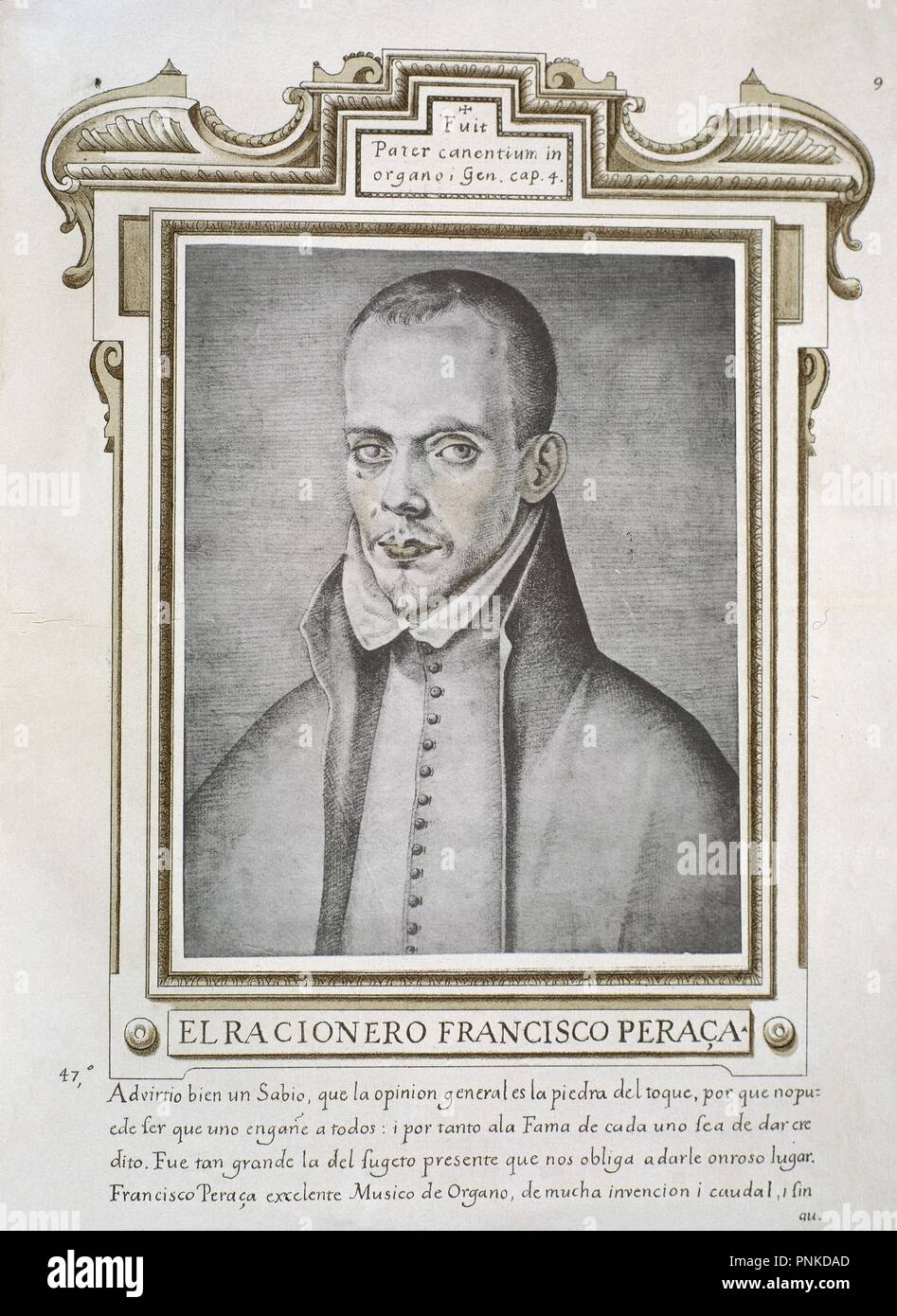 FRANCISCO PERAZA (1564-1598) - LIBRO DE RETRATOS DE ILUSTRES Y MEMORABLES VARONES - 1599. Author: PACHECO, FRANCISCO. Location: BIBLIOTECA NACIONAL-COLECCION. MADRID. SPAIN. Stock Photo