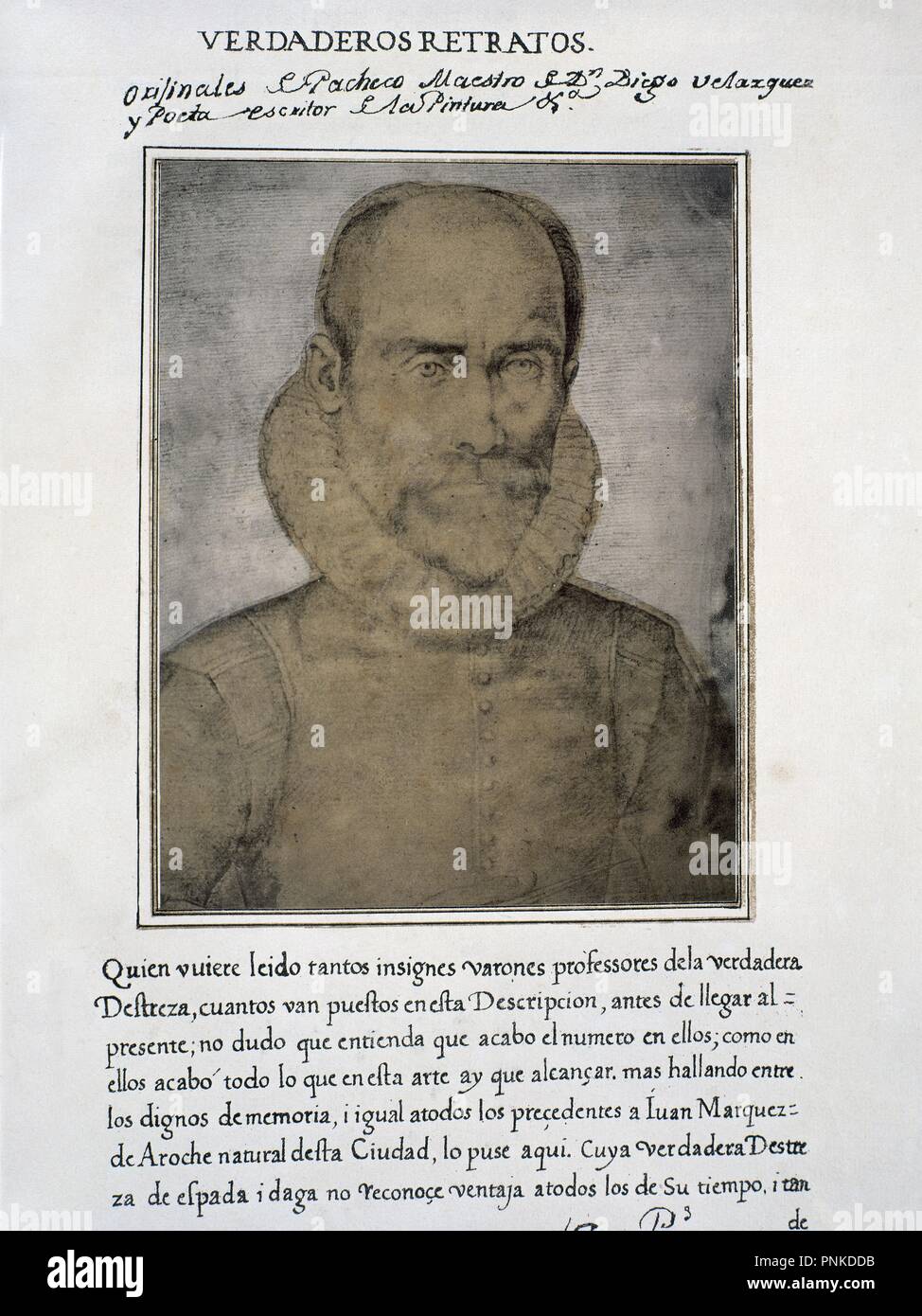 JUAN MARQUEZ DE AROCHE - LIBRO DE RETRATOS DE ILUSTRES Y MEMORABLES VARONES - 1599. Author: PACHECO, FRANCISCO. Location: BIBLIOTECA NACIONAL-COLECCION. MADRID. SPAIN. Stock Photo