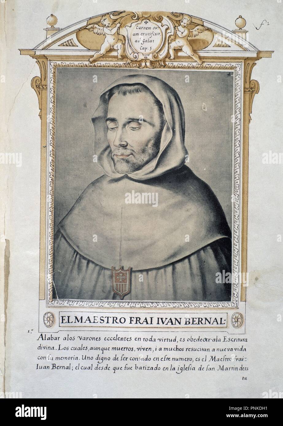 FRAY JUAN BERNAL - LIBRO DE RETRATOS DE ILUSTRES Y MEMORABLES VARONES - 1599. Author: PACHECO, FRANCISCO. Location: BIBLIOTECA NACIONAL-COLECCION. MADRID. SPAIN. Stock Photo
