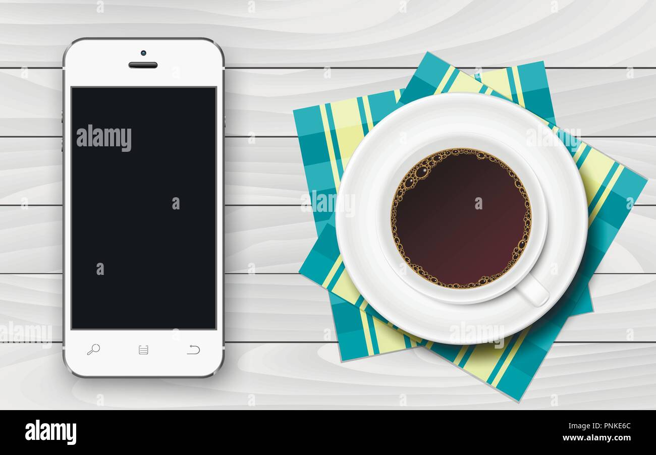 White smartphone with black blank screen and cup of coffee with ...