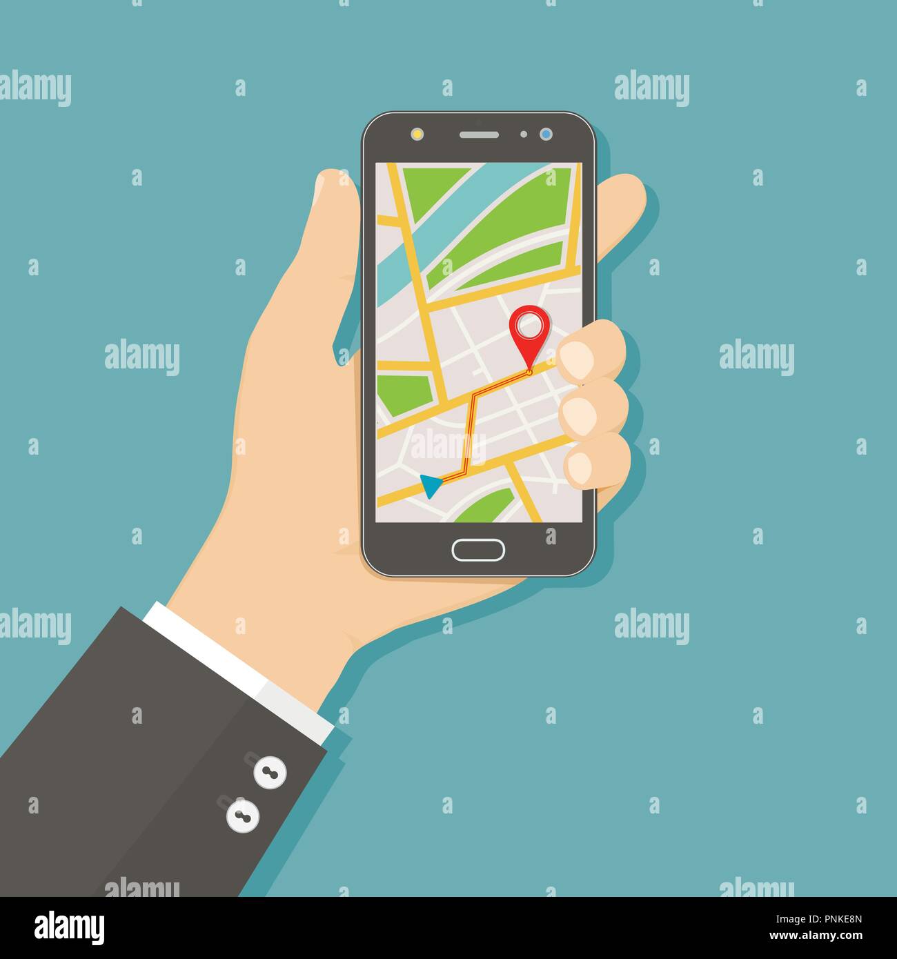 Hand holding smartphone with gps navigation map on screen. Mobile navigation concept. Flat vector illustration. Stock Vector