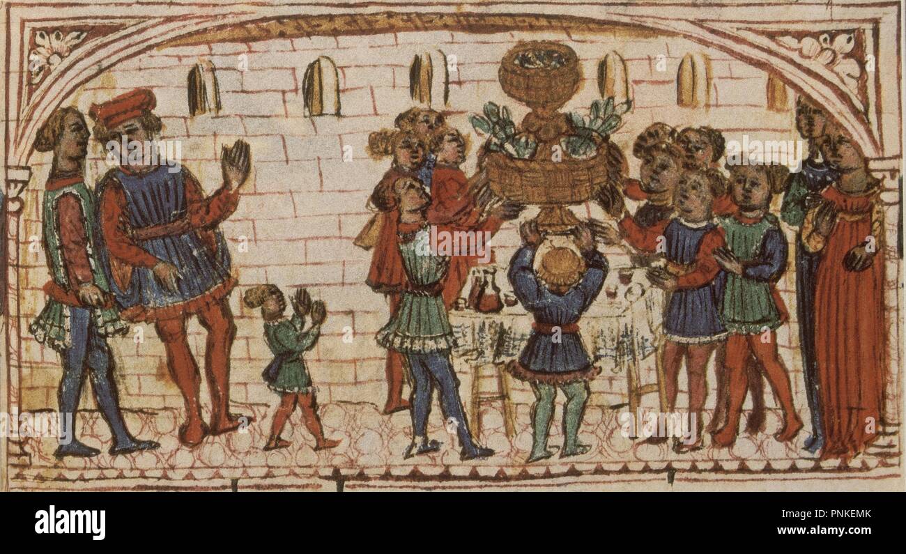 MS HARLEY 5686 FOL 61 - BANQUETE EN ITALIA - 1470. Location: BRITISH MUSEUM LIBRARY. LONDON. ENGLAND.