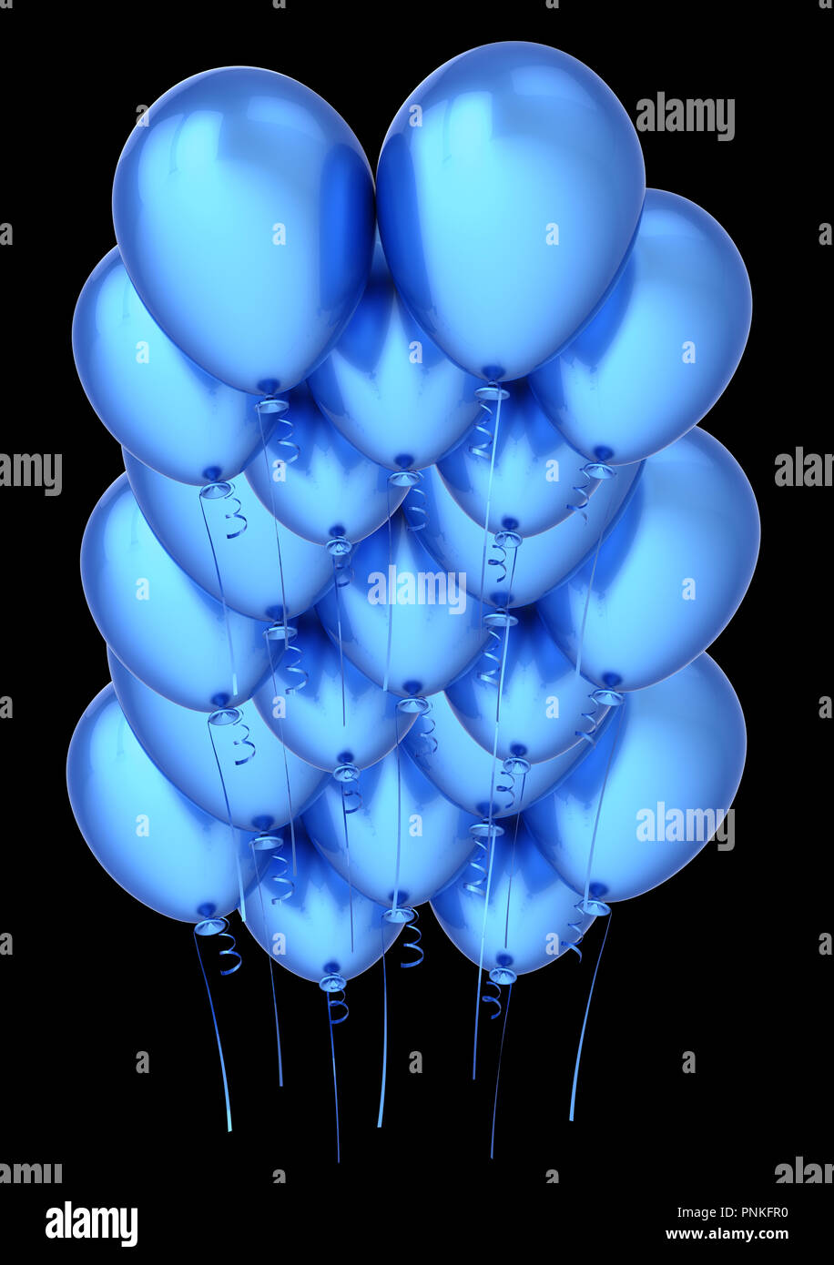 party balloons blue flying up. happy birthday decoration cyan. group of
