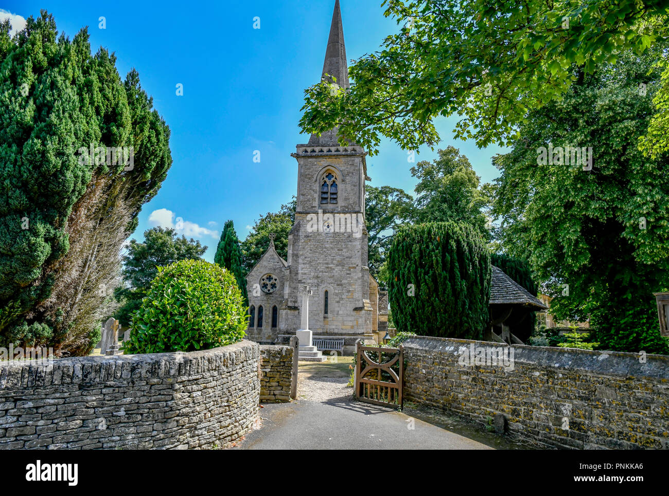 The Parish Church of Saint Mary Lower Slaughter is located in Lower Slaughter, Gloucestershire. England UK. The 13th century Anglican parish church is Stock Photo