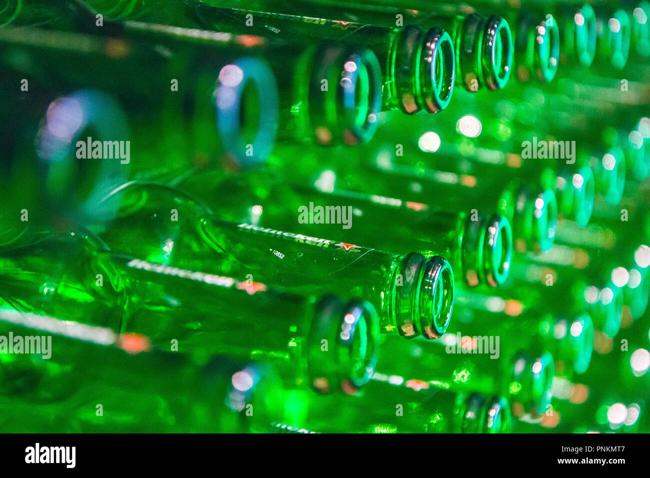 Amsterdam, Netherlands - August 10, 2018 - Heineken beer bottles in brewery museum Stock Photo