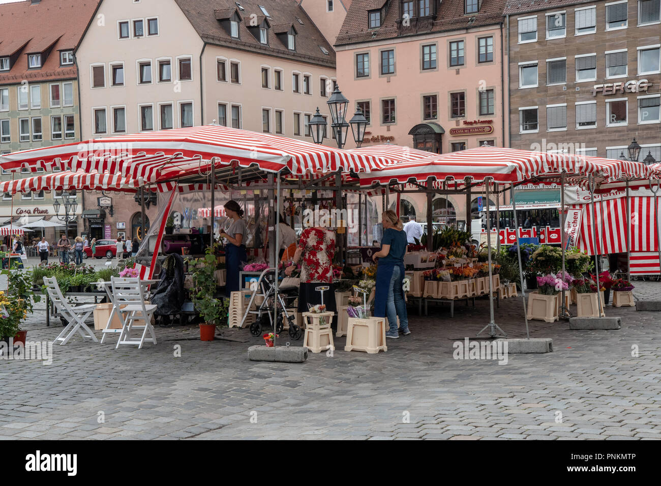 Vendors sell produce and gifts in Nuremberg Market Square Stock Photo