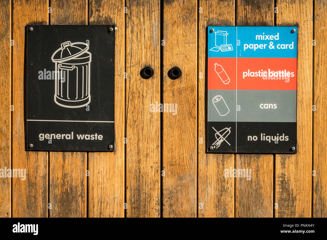 rubbish bin in a London park; signs for paper, plastic, cans, and