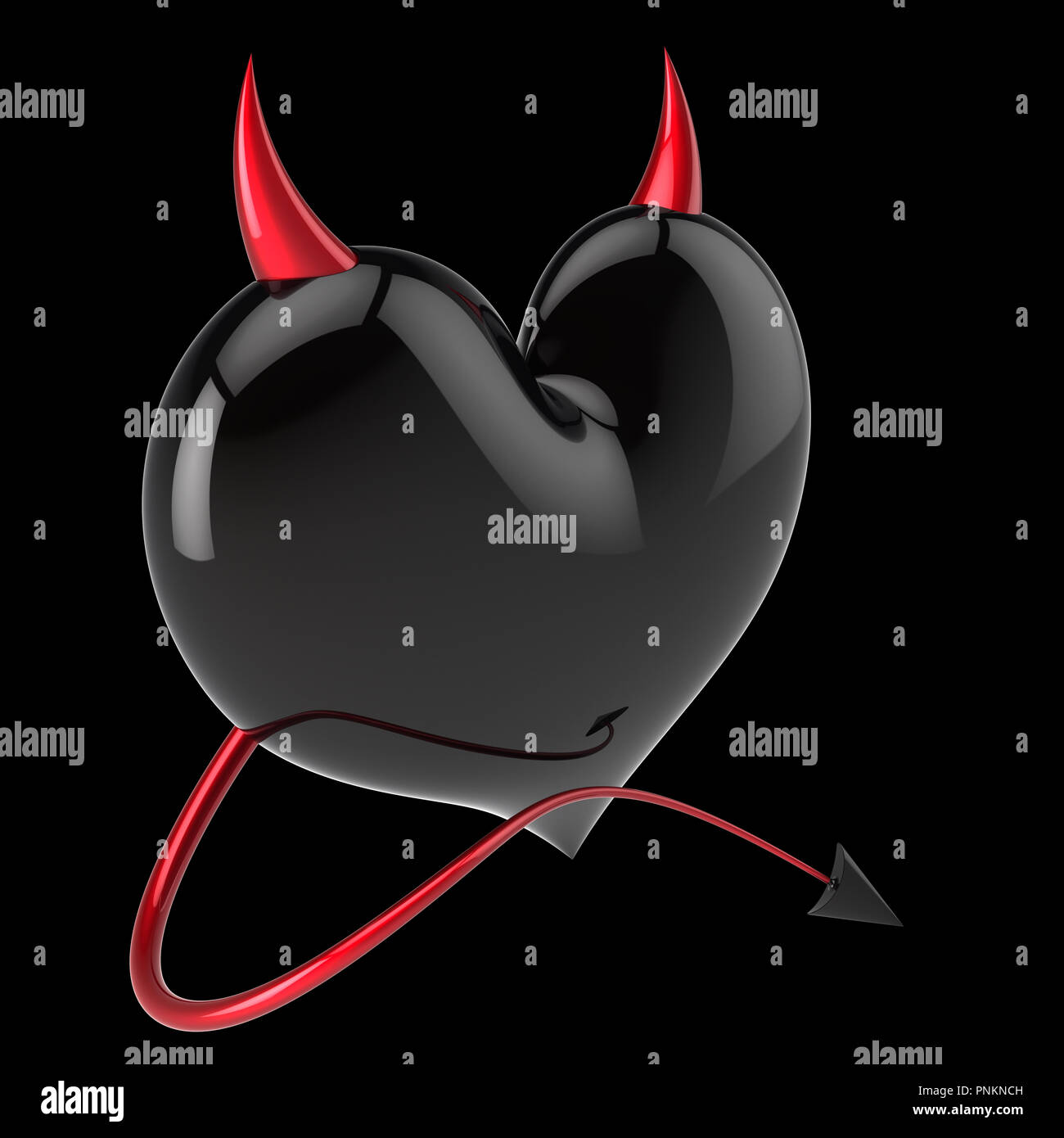 black devil heart fake love poison abstract. lover divorce lies concept with red horns and tail. Valentine's Day greeting card funny design element. 3 Stock Photo