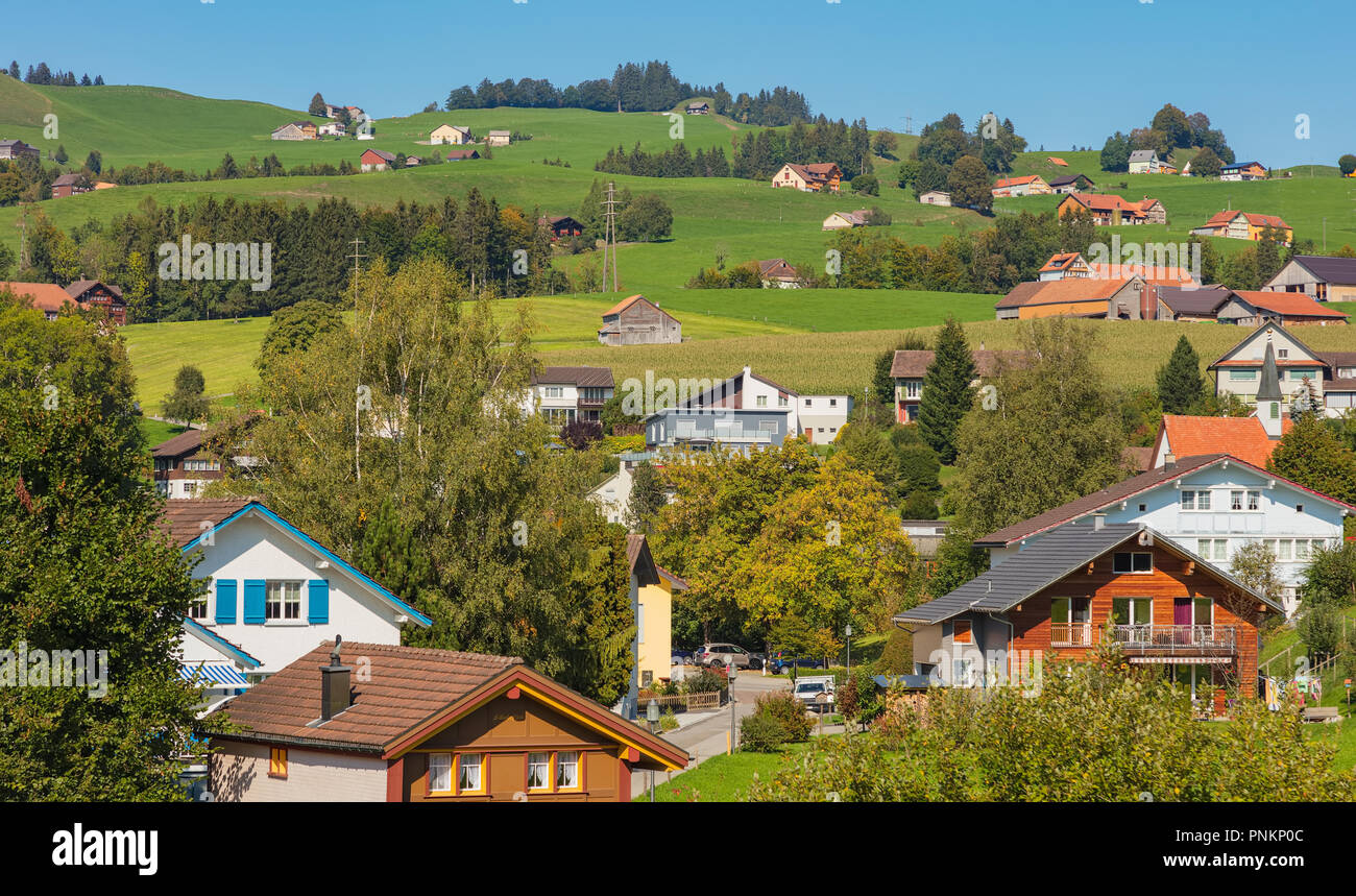 Town of Appenzell in Switzerland in September. Appenzell is the capital of the Swiss canton of Appenzell Innerrhoden. Stock Photo