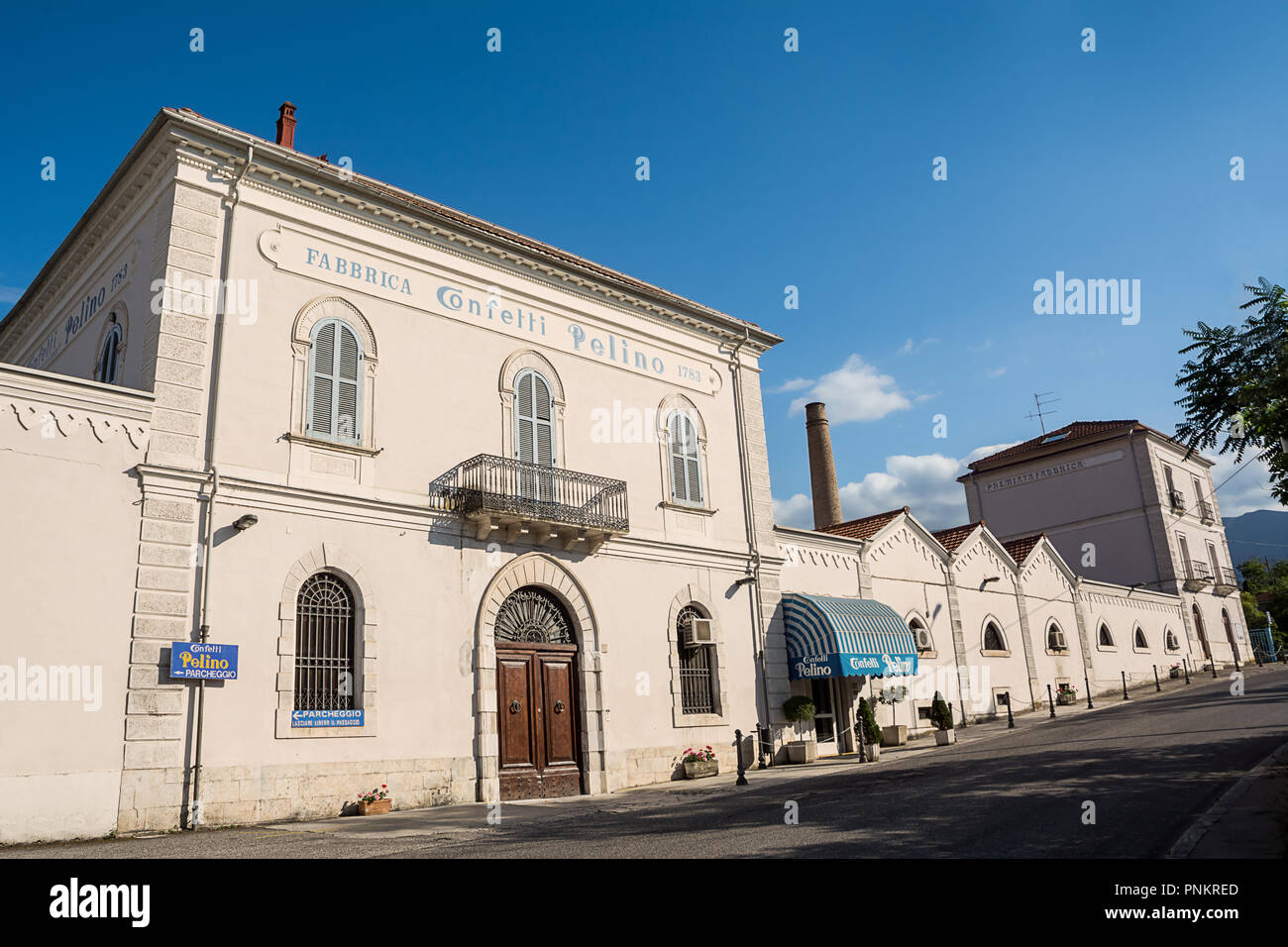 Sulmona, Italy - 23 june 2018: External facade of the old Pelino confetti factory in Sulmona without anyone Stock Photo