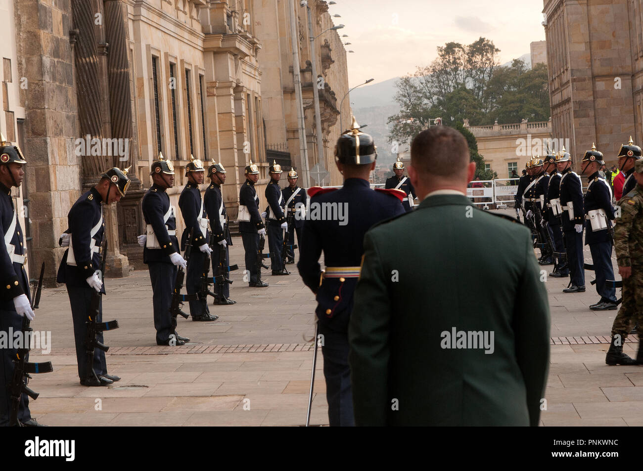 Columbian soldiers forming an honor guard for religios ceremony Stock Photo