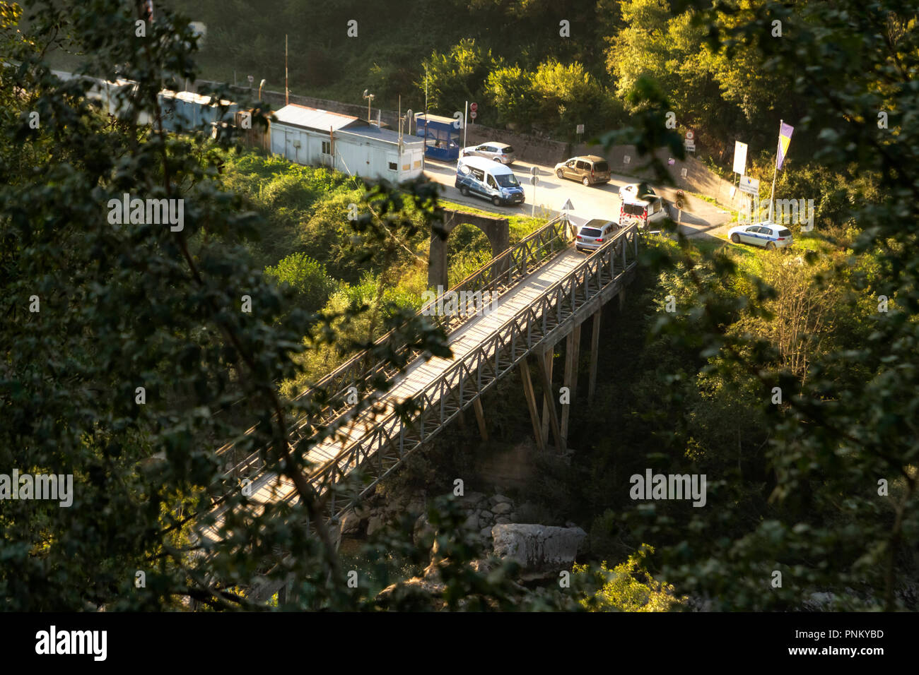 VUCEVO, BOSNIA AND HERZEGOVINA - AUGUST 18 2017: Border crossing point between Montenegro and Bosnia and Herzegovina where the River Tara forms the bo Stock Photo