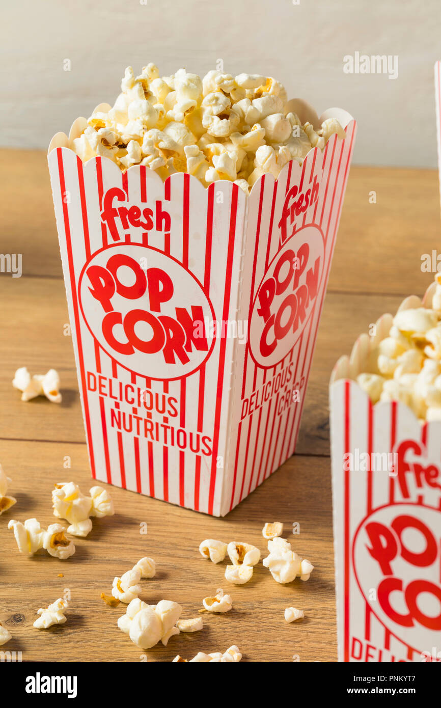 Classic Buttery Movie Theater Popcorn with Salt in a Bag Stock Photo