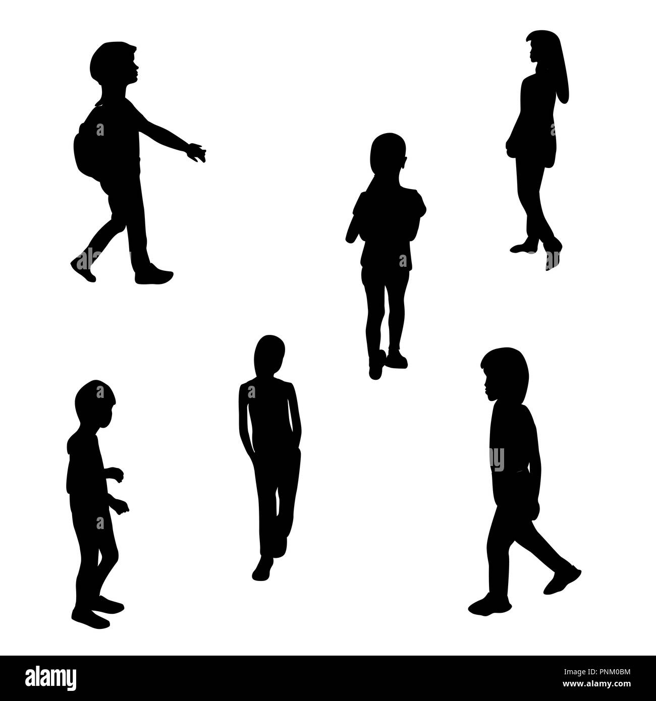 Set of Black and White Silhouette Walking Children. Vector Illustration Stock Vector
