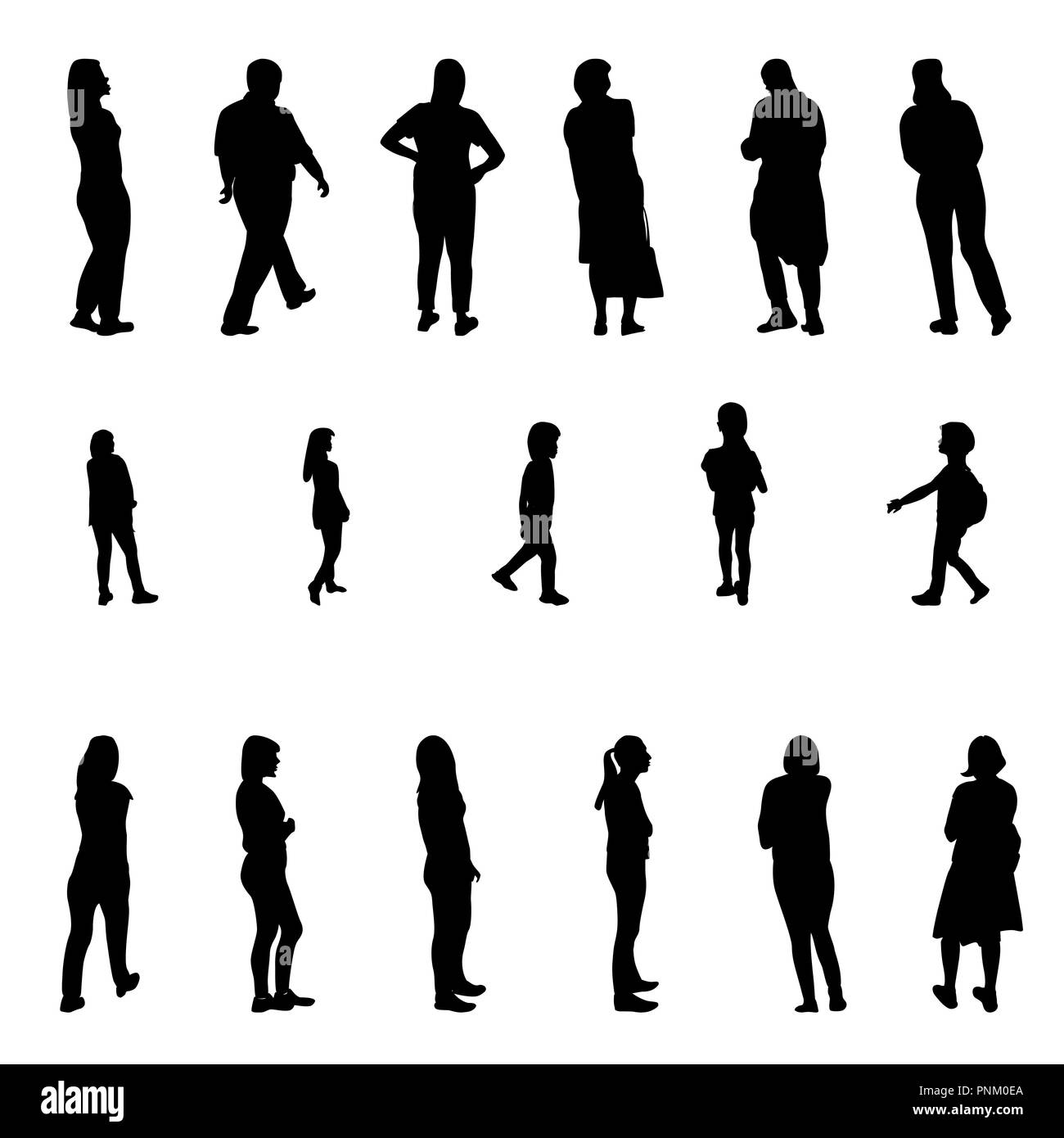 Set of Black and White Silhouette Walking People and Children. Vector Illustration Stock Vector
