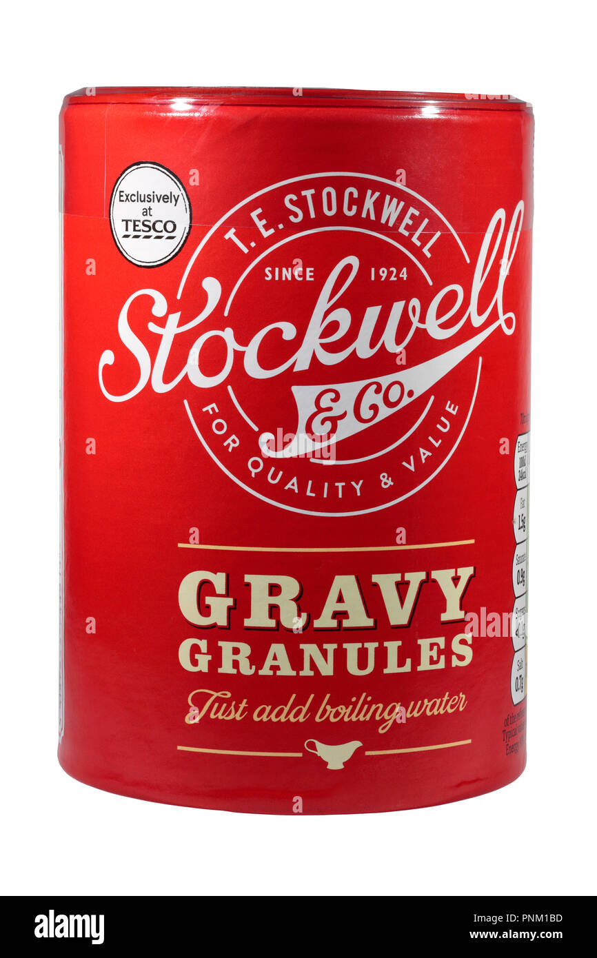 A tub of T.E. Stockwell & Co Gravy Granulles isolated on a white background exclusively at Tesco.  Just add boiling water Stock Photo