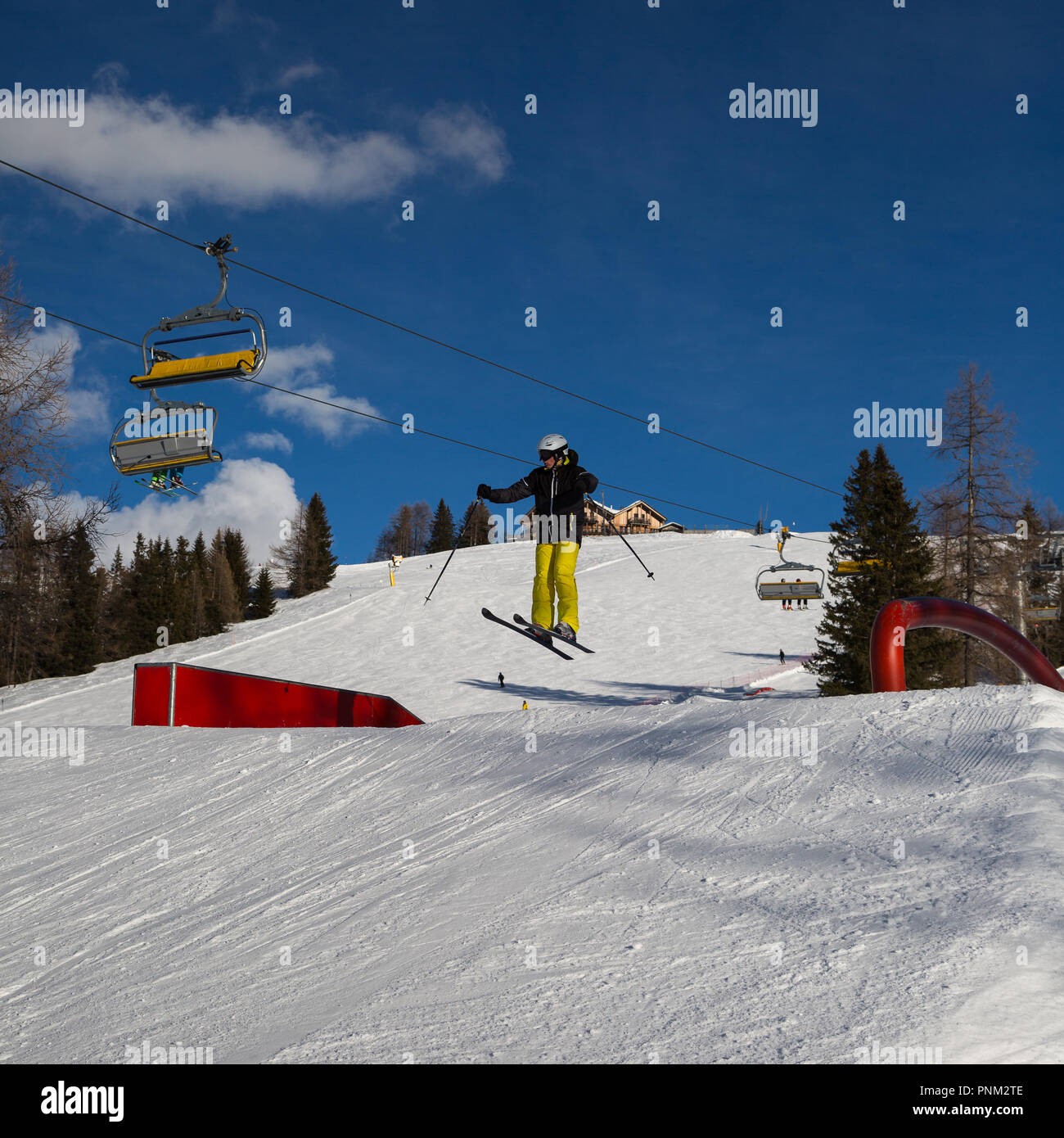 Skier In Action Ski Jumping In The Mountain Snowpark Stock Photo Alamy