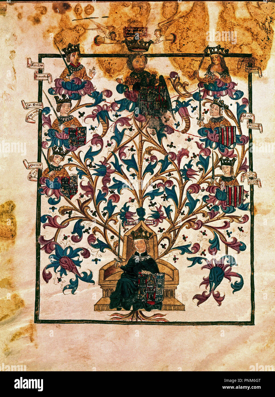Family tree of John II (1406-1454). Monastery of San Lorenzo del Escorial. Library. Madrid. Author: PALMA BACHILLER SIGLO XVI. Location: MONASTERIO-BIBLIOTECA-COLECCION. SAN LORENZO DEL ESCORIAL. MADRID. SPAIN. Stock Photo