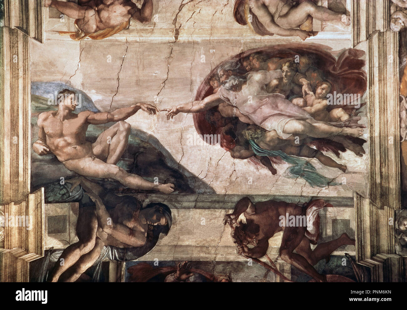 Creation of Adam. Fresco before restauration. Vatican, Sistine Chapel