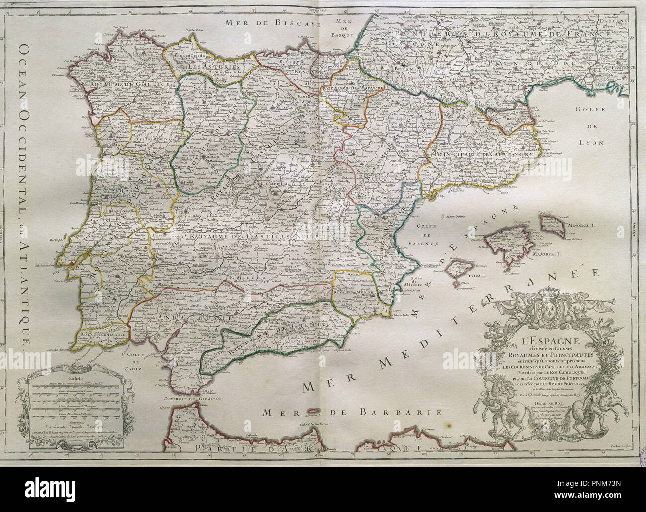 MAPA-ESPAÑA Y PORTUGAL DIVIDIDA EN REINOSY PRINCIPADOS-1708. Author: IAILLOT H. Location: BIBLIOTECA NACIONAL-COLECCION. MADRID. Stock Photo