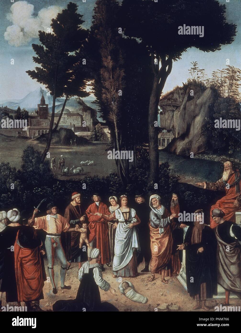 The Judgement of Solomon - 1505 - 89x72 cm - oil on panel - Italian Renaissance. Author: GIORGIONE. Location: GALERIA DE LOS UFFIZI. Florenz. ITALIA. Stock Photo