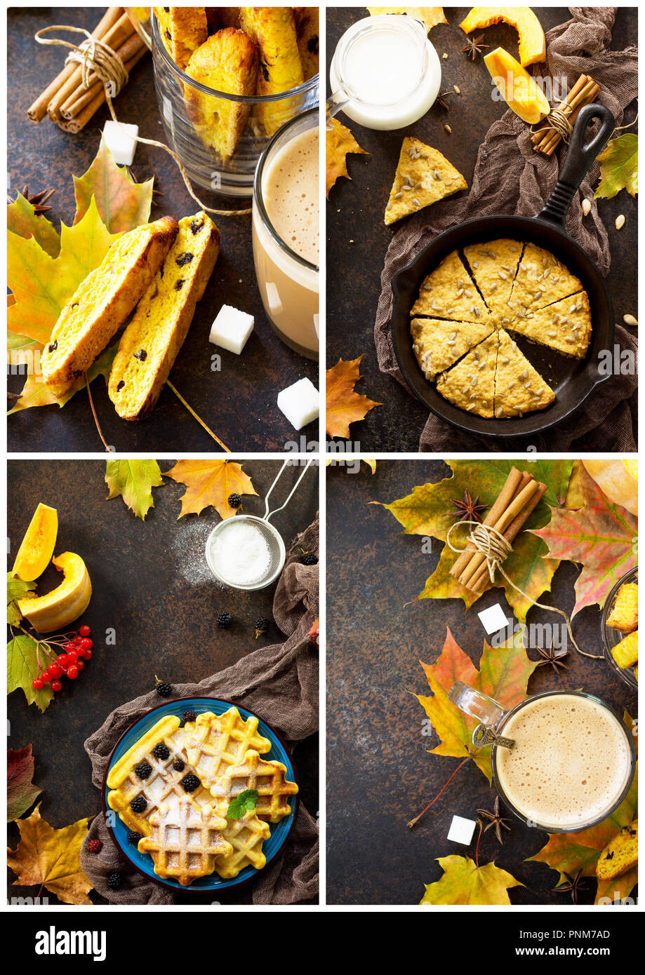 Food collage Traditional English cuisine. Breakfast table with Pumpkin Scones,  Pumpkin Waffles, Cappuccino and Milk on a stone or slate background. Stock Photo