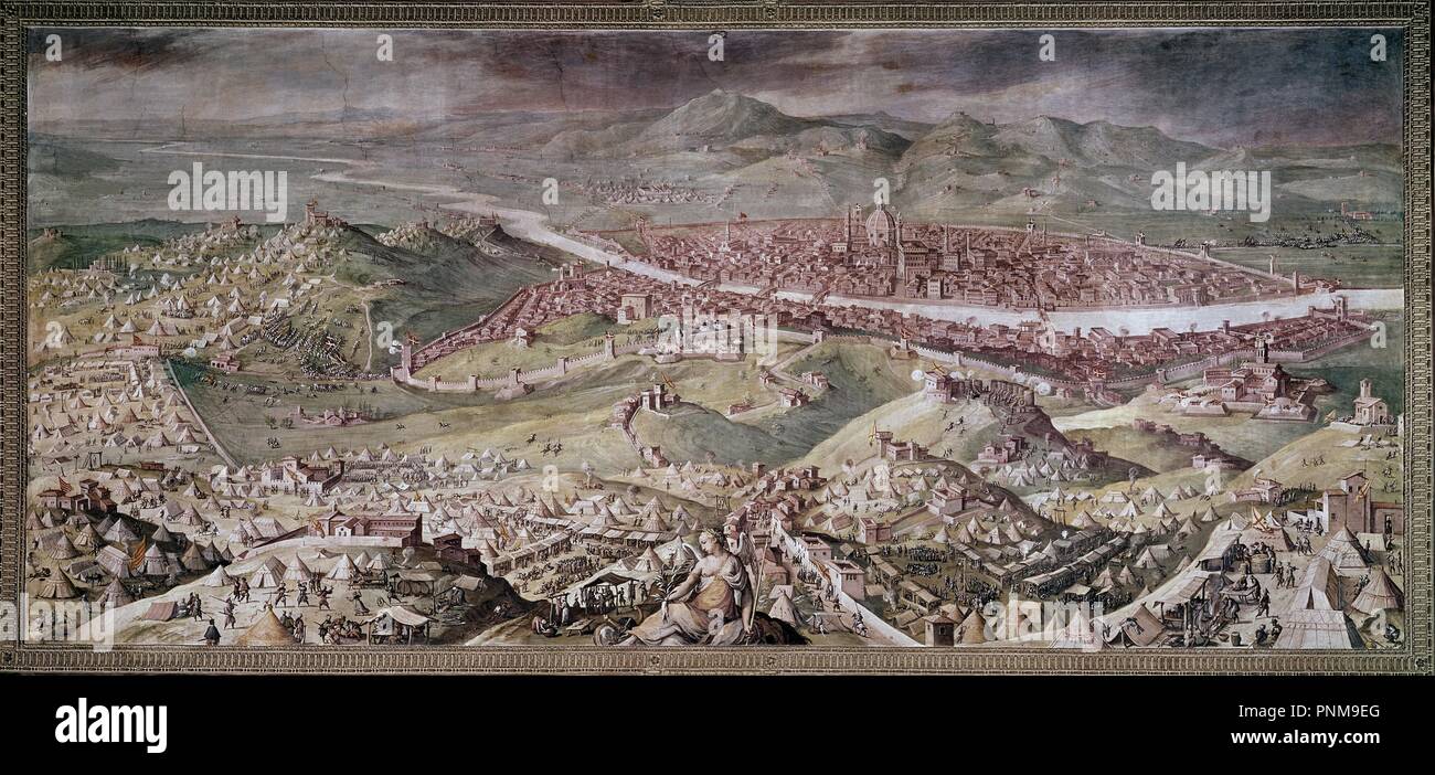 SALA DE CLEMENTE VII - EL ASEDIO A FLORENCIA (1529-1530) - 1558 - FRESCO - RENACIMIENTO ITALIANO. Author: VASARI GIORGIO 1511-1574 / STRADANUS. Location: PALACIO VECCHIO INTERIOR. ITALIA. Stock Photo