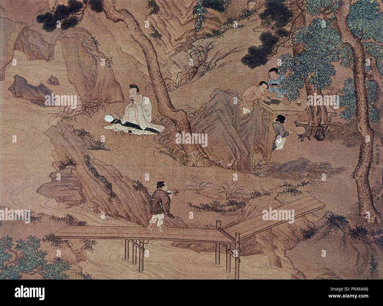 EL RETIRO DEL SABIO - 1510-1551 - PINTURA SOBRE SEDA. Author: KIU YING. Location: MUSEO DE PEKIN. Peking. China. Stock Photo