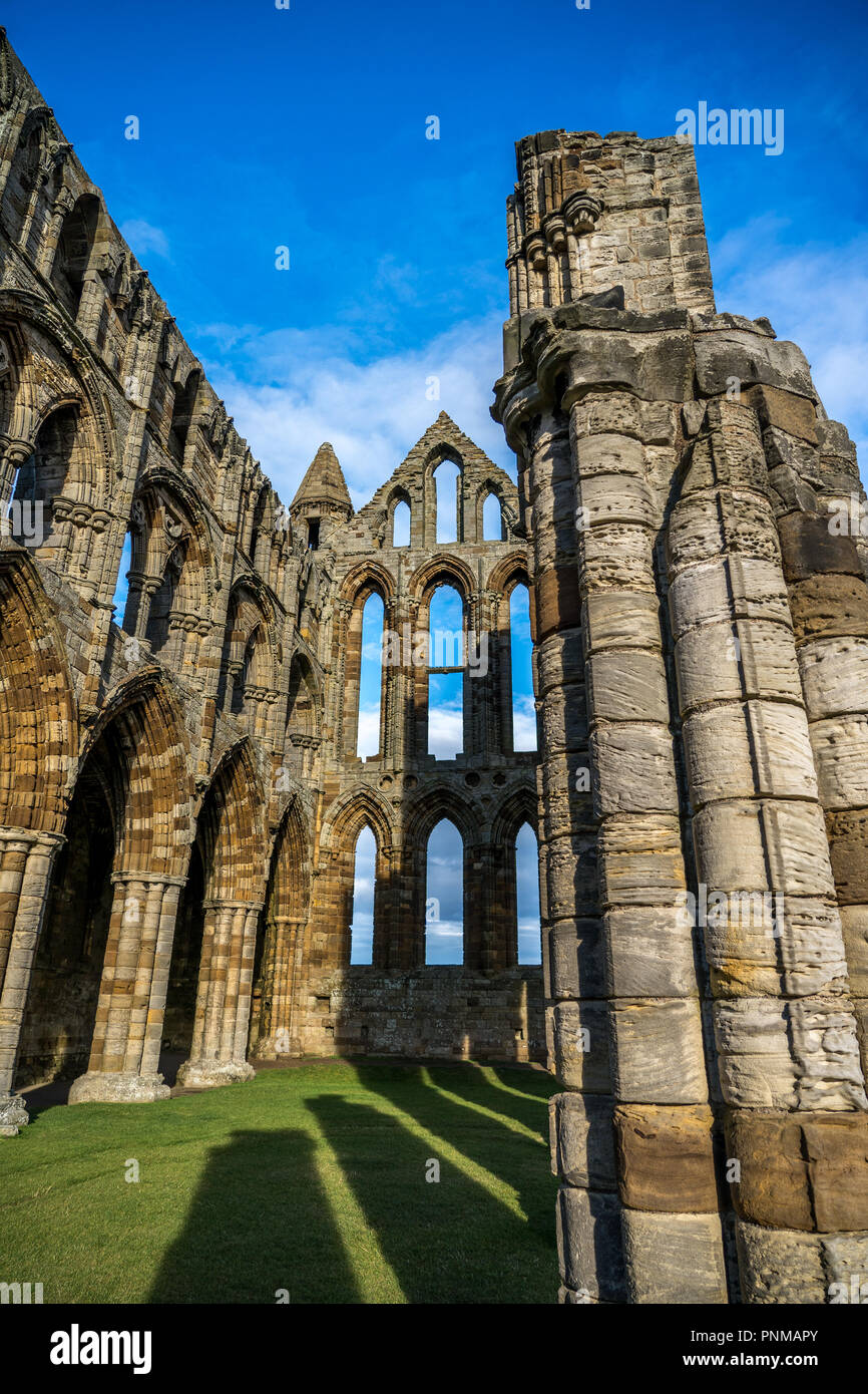 Whitby Abbey North Yorkshire Coast UK. Perched high on a cliff, the haunting remains of Whitby Abbey were inspiration for Bram Stoker's gothic tale of Stock Photo