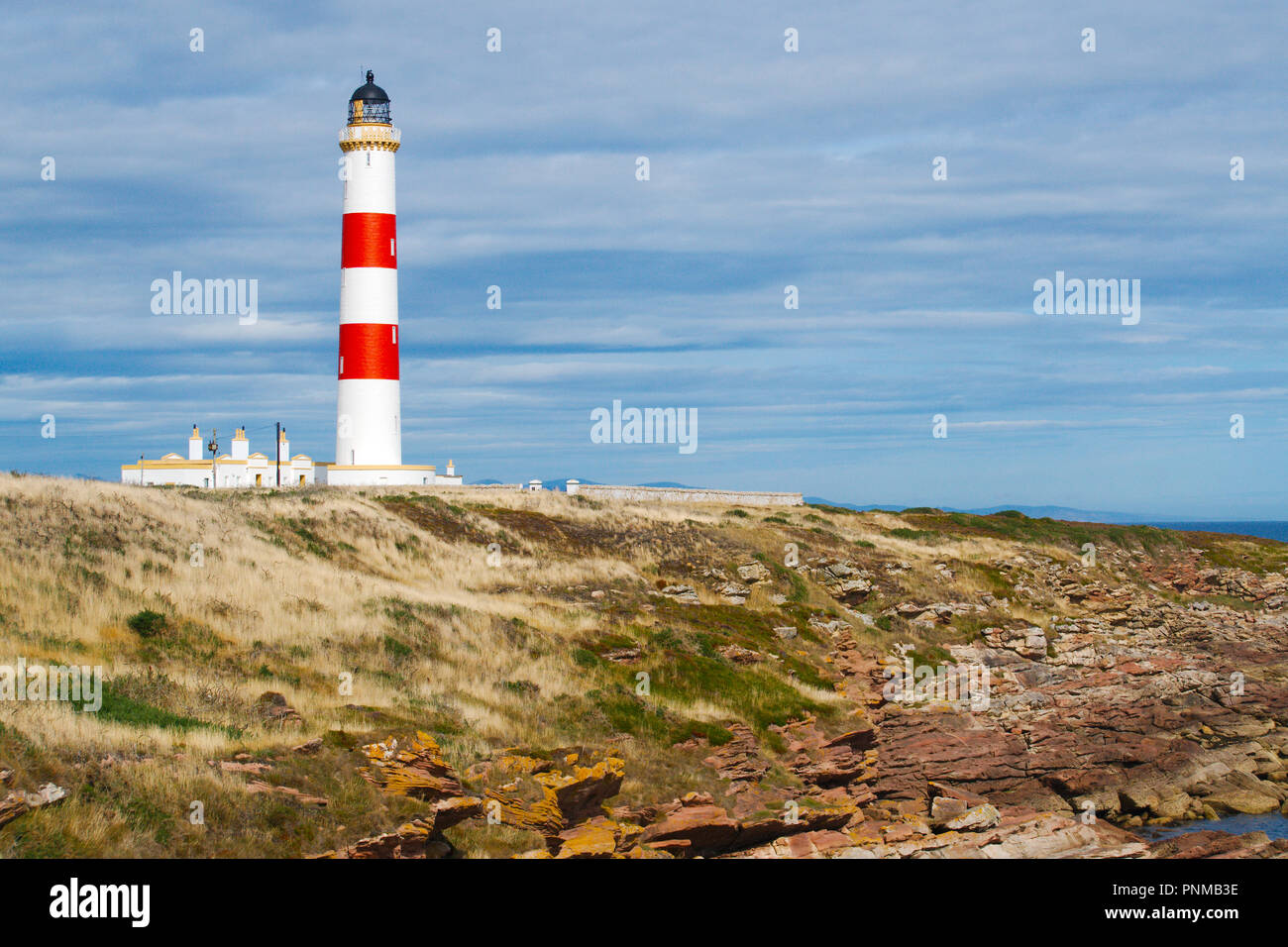 Tarbat Ness Lighthouse, Tain and Easter Ross, Highland, North West tip of the Tarbat Ness peninsula Stock Photo