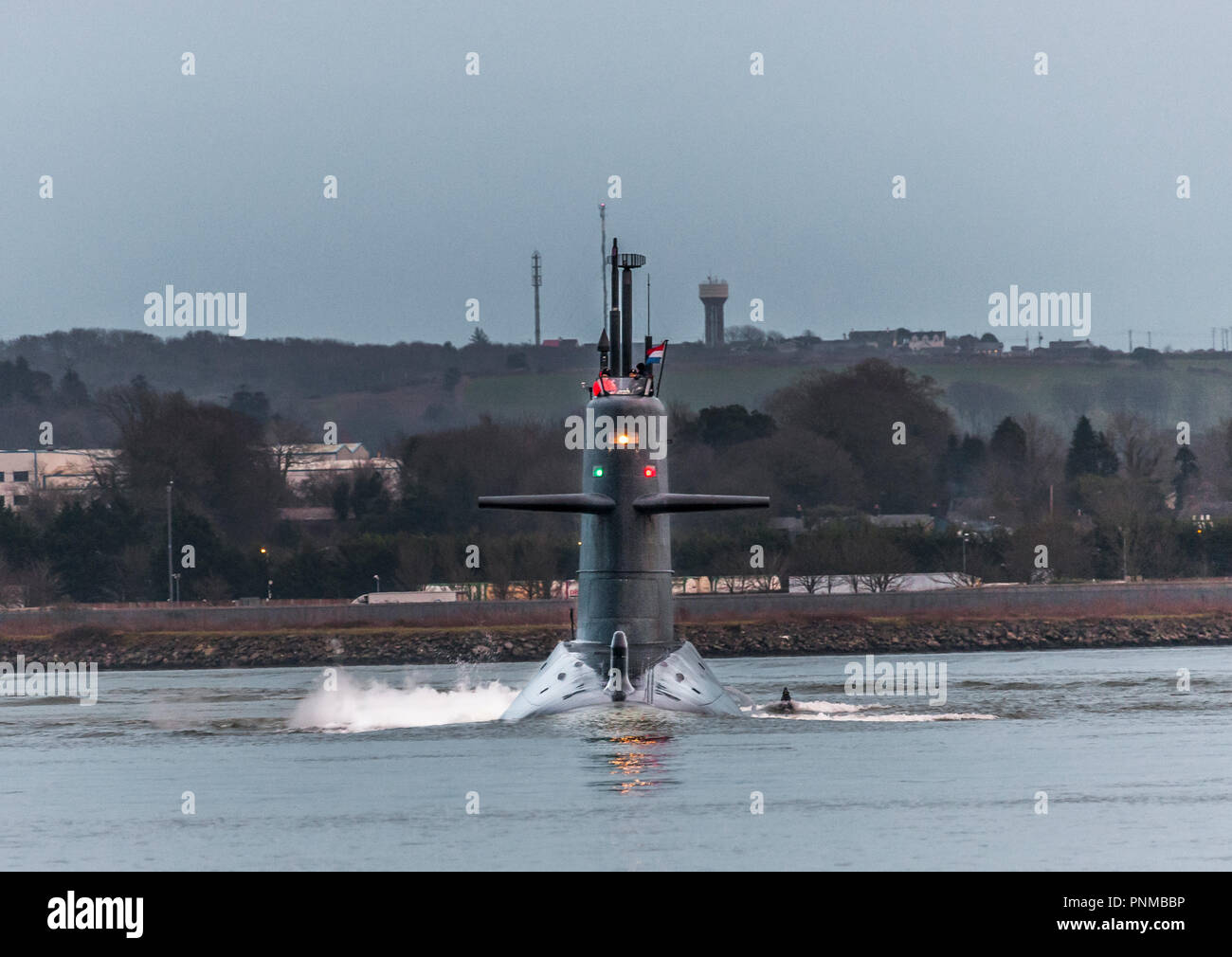 Cork, Ireland. 02nd February, 2018. Royal Netherlands Navy Submarine HNLMS Walrus heads up the River Lee in Cork where on  a four day courtesy visit t Stock Photo