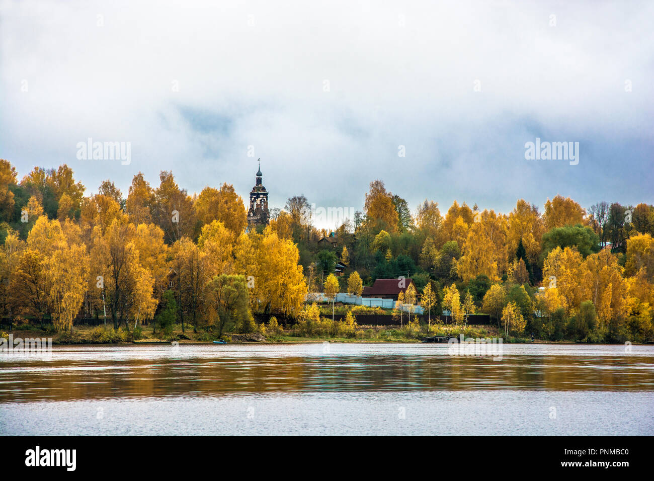 Beautiful autumn landscape with old Church on the Bank of the Volga ...