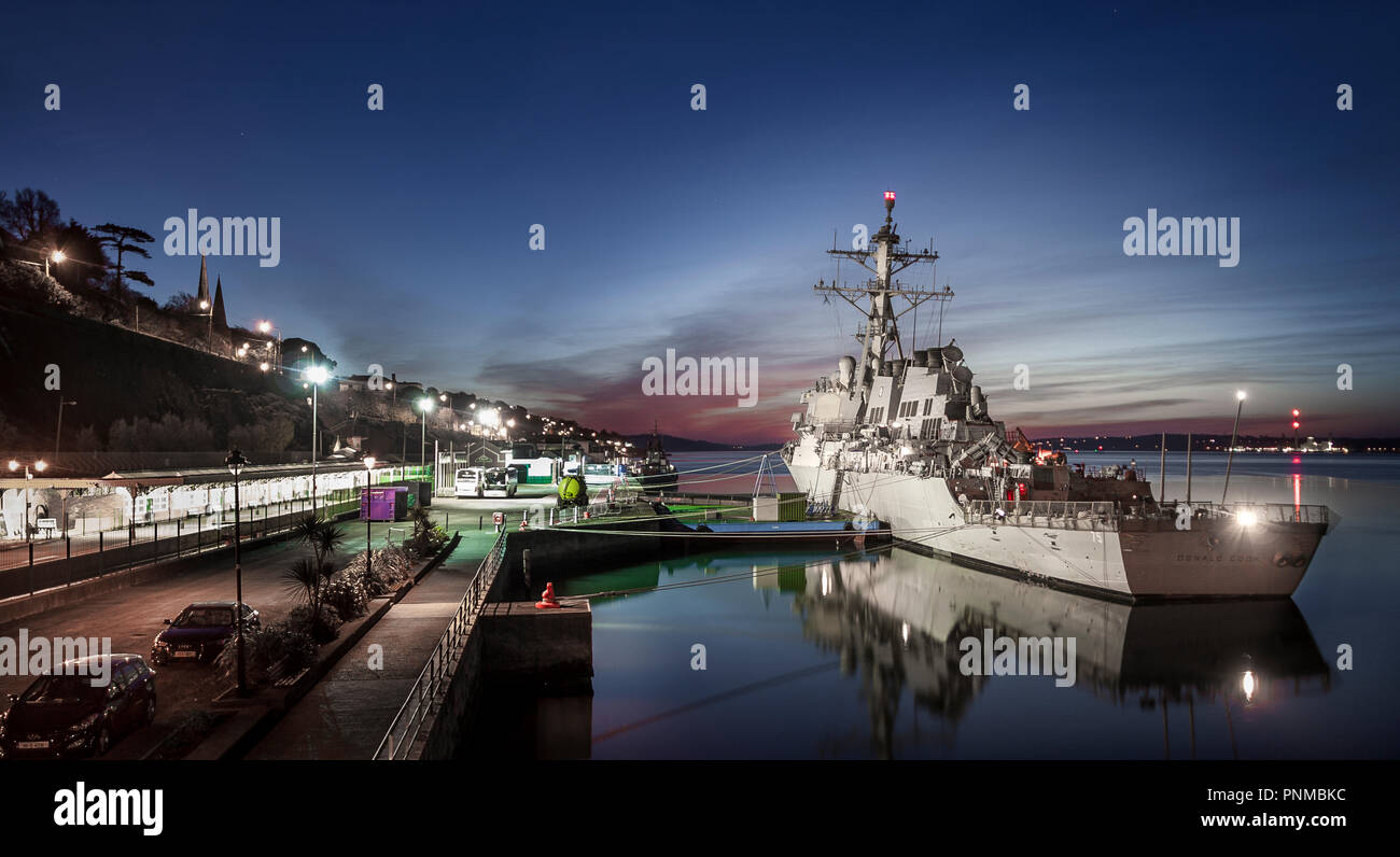 Cobh, Cork, Ireland. 25th March, 2017. The USS Donald Cook, an Arleigh Burke-class guided missile destroyer  berthed at the deep water quay during her Stock Photo