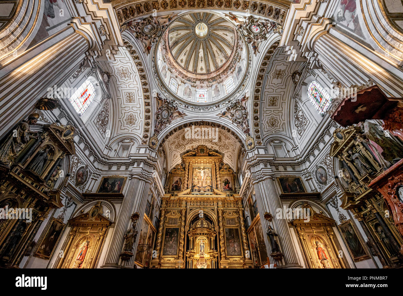 Church, interior, chancel, gold and ornate ceiling, Parroquia de Santos Justo y Pastor, Granada, Andalusia, Spain Stock Photo