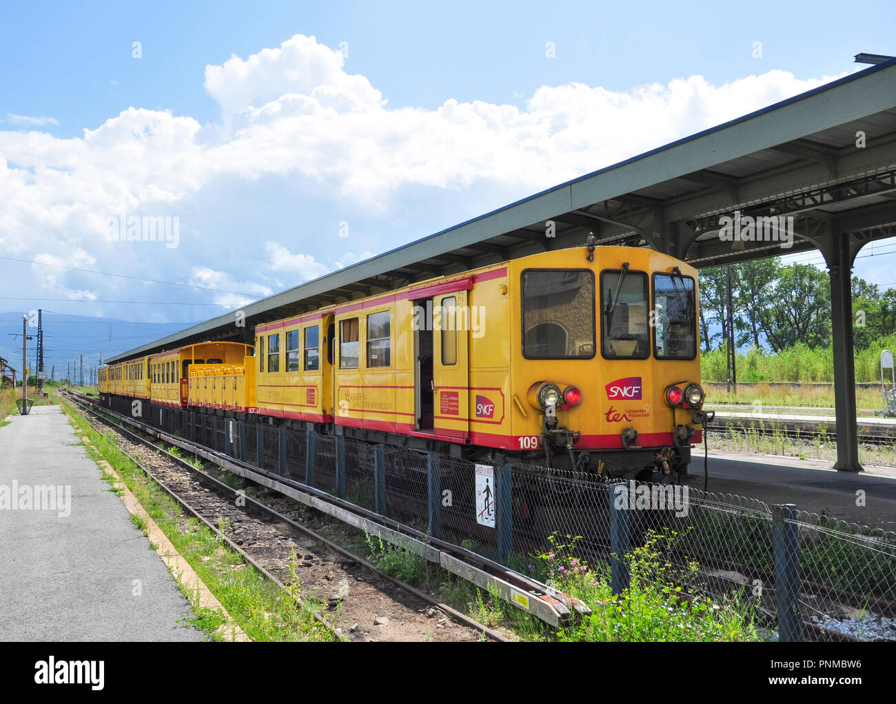 'The Little Yellow Train' at Latour-de-Carol, Pyrenees-Orientales, Occitanie, France Stock Photo