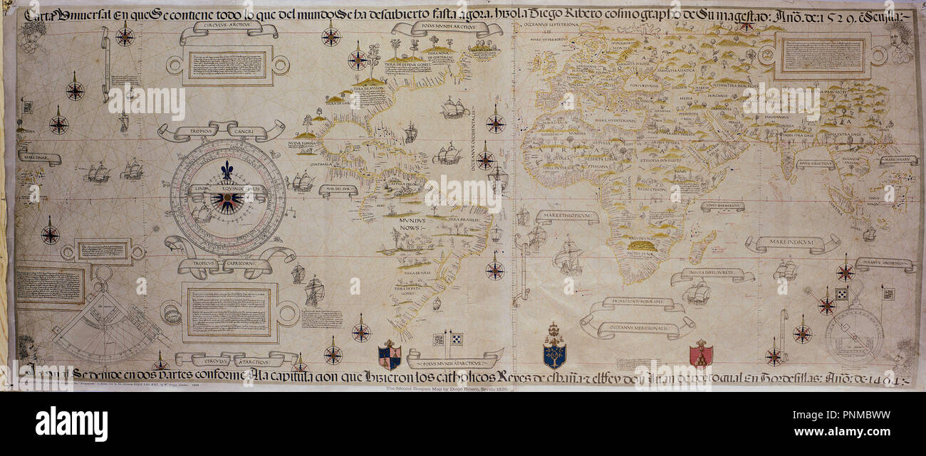 MAPAMUNDI - 1529. Author: RIBERO DIEGO. Location: MUSEO NAVAL / MINISTERIO DE MARINA. MADRID. SPAIN. Stock Photo