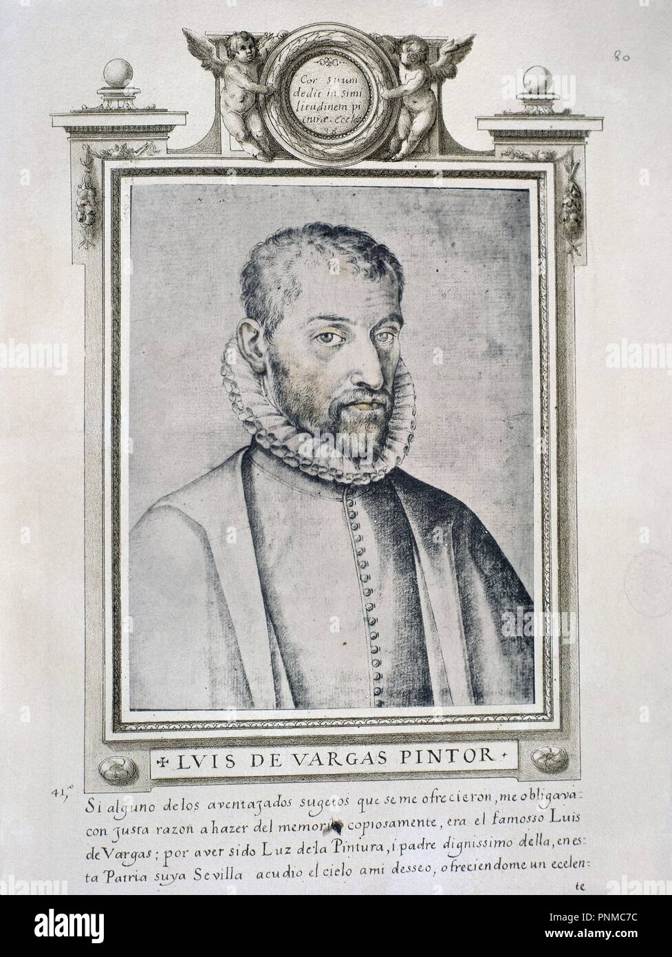 LUIS DE VARGAS - LIBRO DE RETRATOS DE ILUSTRES Y MEMORABLES VARONES - 1599. Author: PACHECO, FRANCISCO. Location: BIBLIOTECA NACIONAL-COLECCION. MADRID. SPAIN. Stock Photo