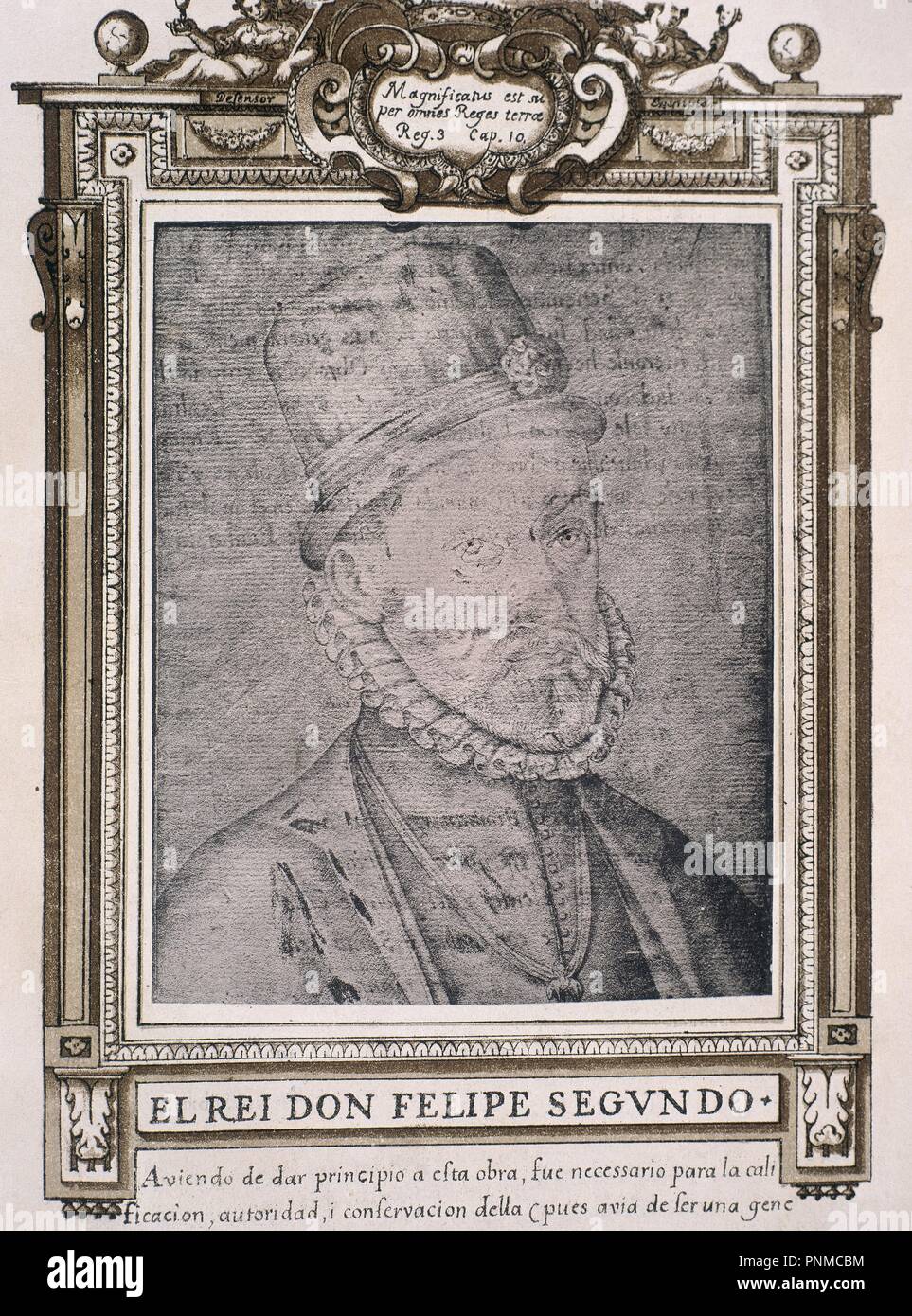 FELIPE II (1527-1598) - LIBRO DE RETRATOS DE ILUSTRES Y MEMORABLES VARONES - 1599. Author: PACHECO, FRANCISCO. Location: BIBLIOTECA NACIONAL-COLECCION. MADRID. SPAIN. Stock Photo