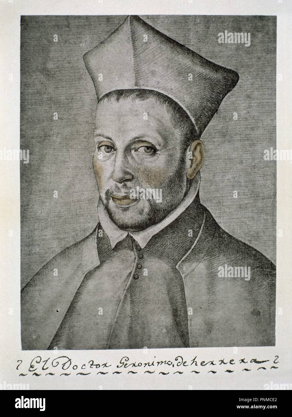 DOCTOR JERONIMO DE HERRERA - LIBRO DE RETRATOS DE ILUSTRES Y MEMORABLES VARONES - 1599. Author: PACHECO, FRANCISCO. Location: BIBLIOTECA NACIONAL-COLECCION. MADRID. SPAIN. Stock Photo