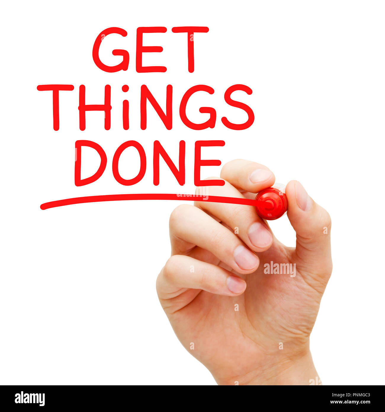 Hand writing Get Things Done with red marker on transparent glass board