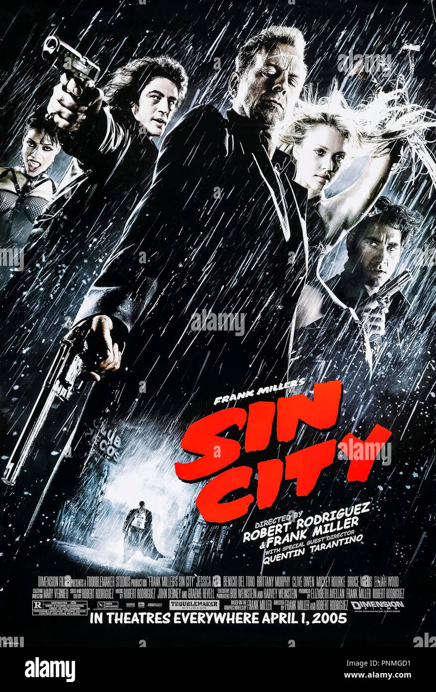 Sin City (2005) directed by Frank Miller, Robert Rodriguez and Quentin Tarantino and starring Mickey Rourke, Clive Owen, Bruce Willis and Jessica Alba. Four tales from the corrupt Basin City adapted from Frank Miller's popular comics. Stock Photo