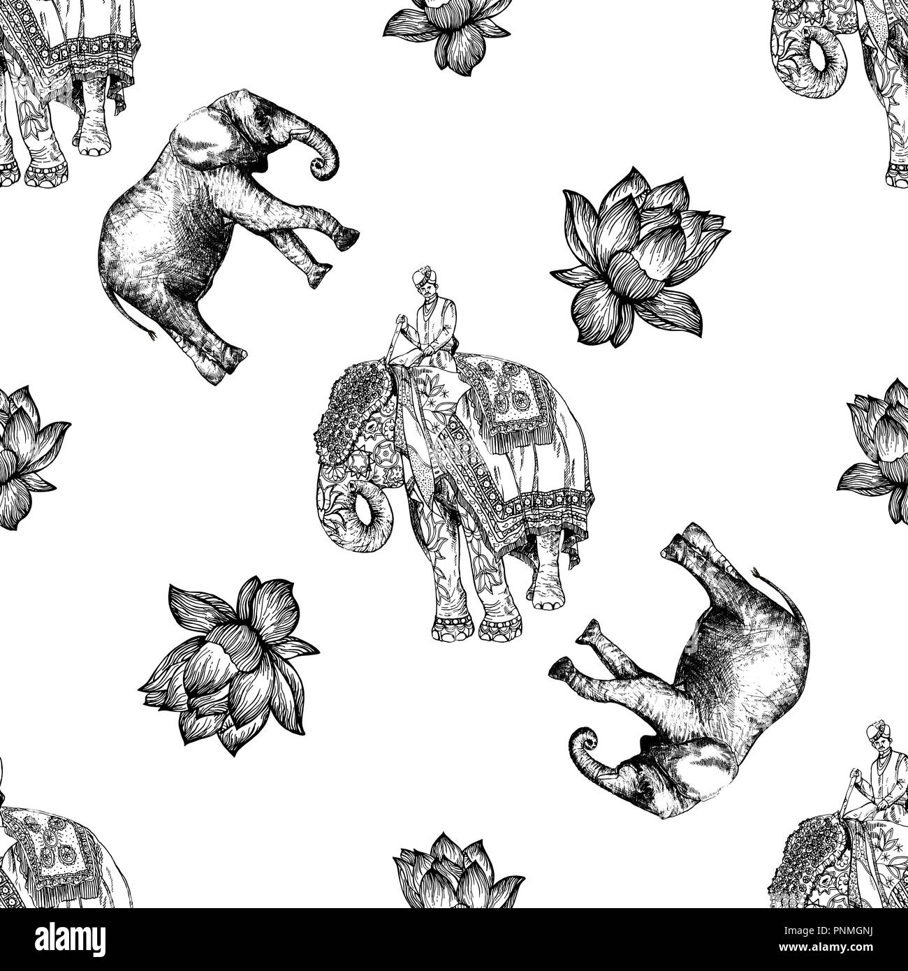 Seamless pattern of hand drawn sketch style elephant with an Indian man ...