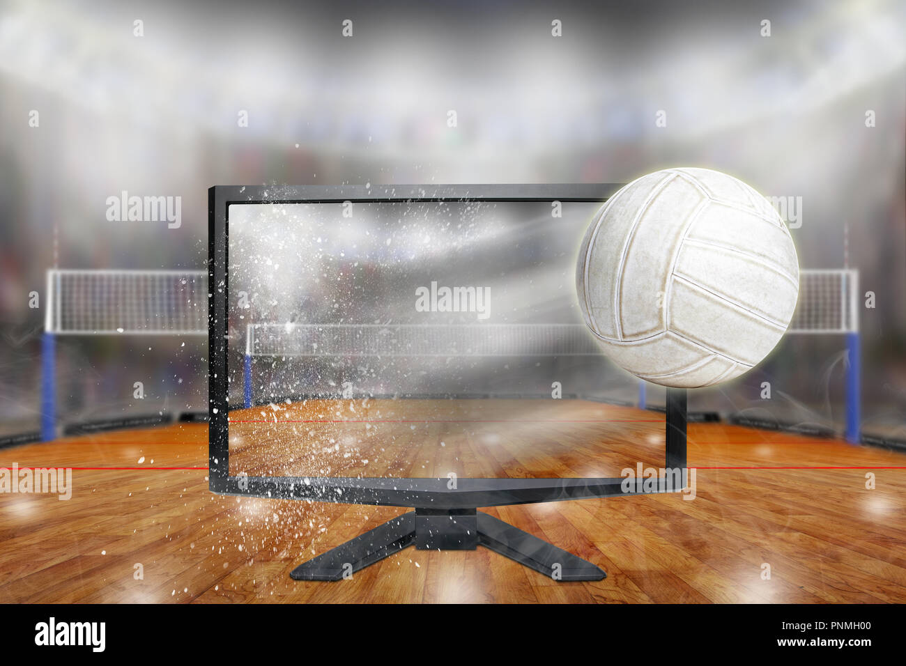 Volleyball flying out of shattering TV screen in arena with copy space